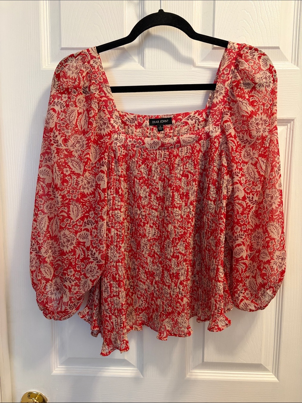 Dear John Coral-Red Floral Smocked Peasant Top